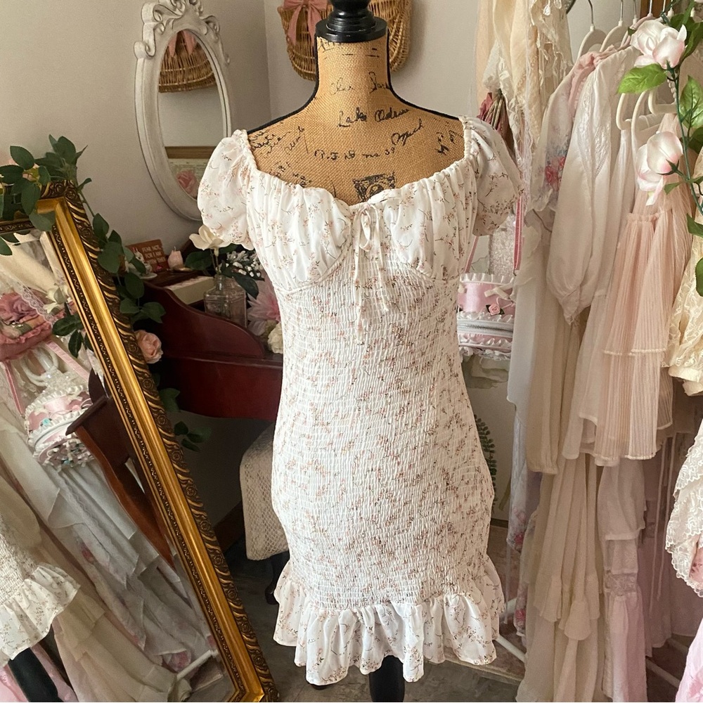Cream Ruffled Floral Tiered Sundress with Puff Sleeves - Picture 7 of 7
